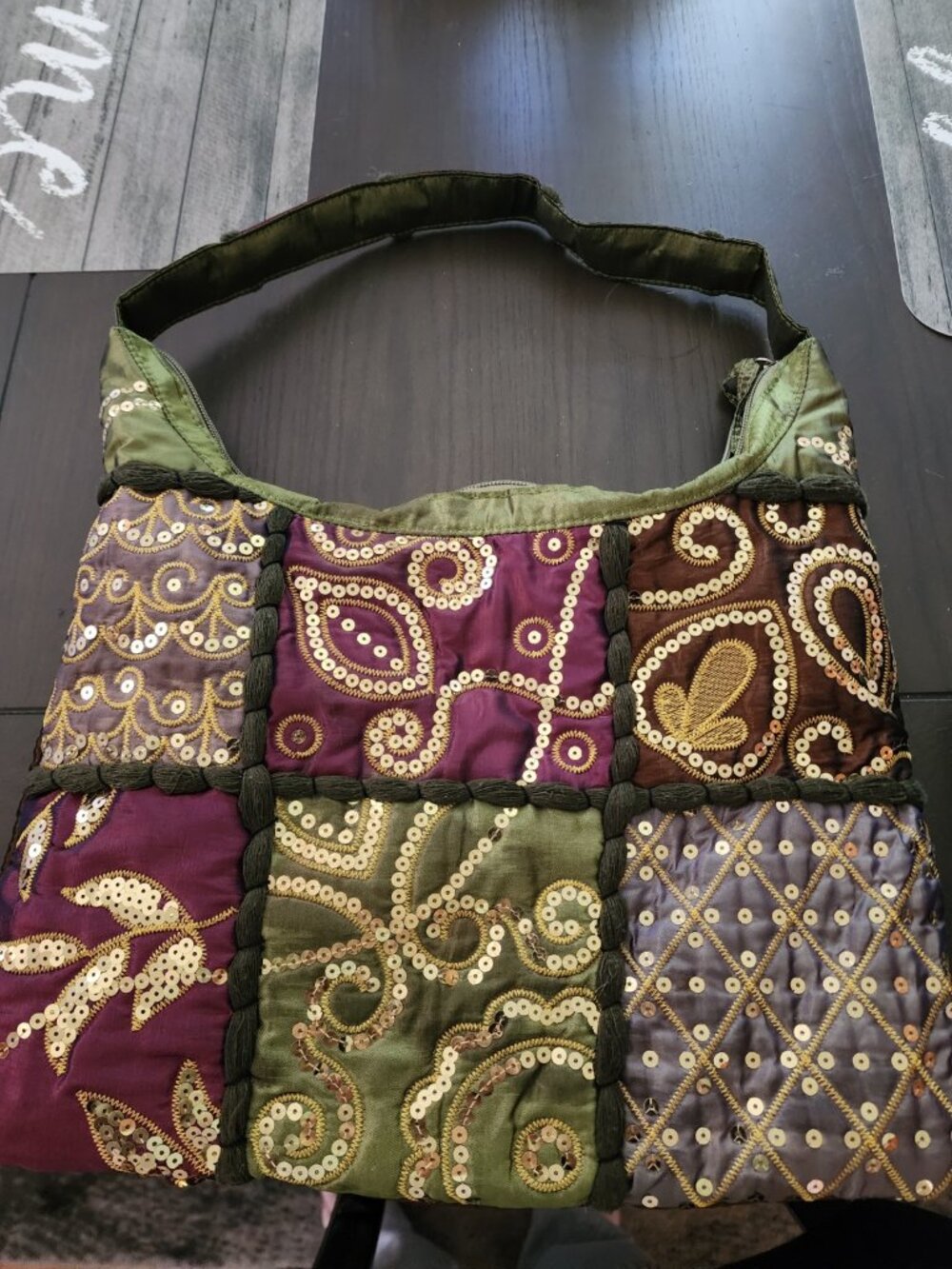 Boho Patchwork Sequin Embroidered Hobo Shoulder Bag Purple Green